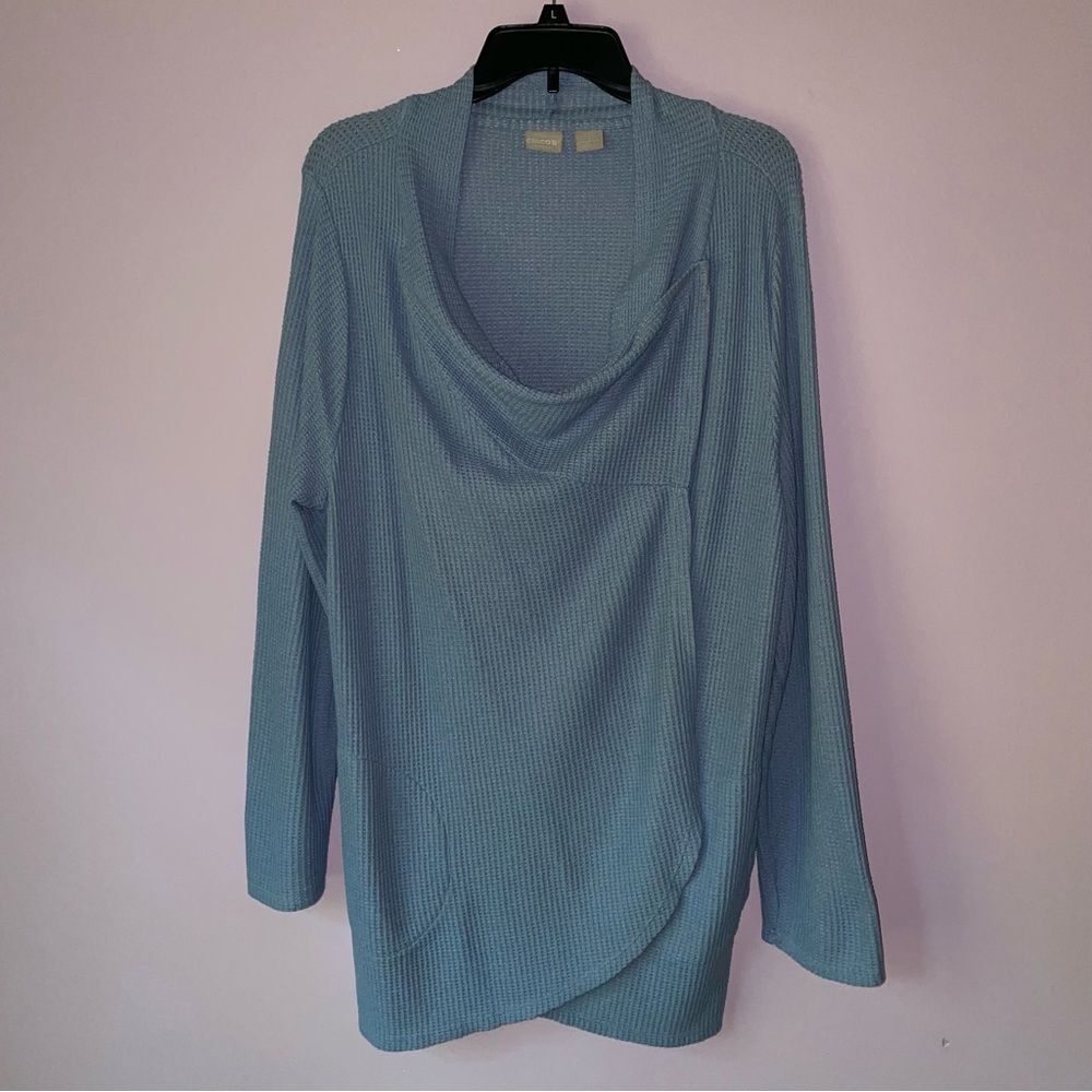 Chico's Zenergy XL Blouse Blue Waffle Knit Long Sleeve Cowl Neck